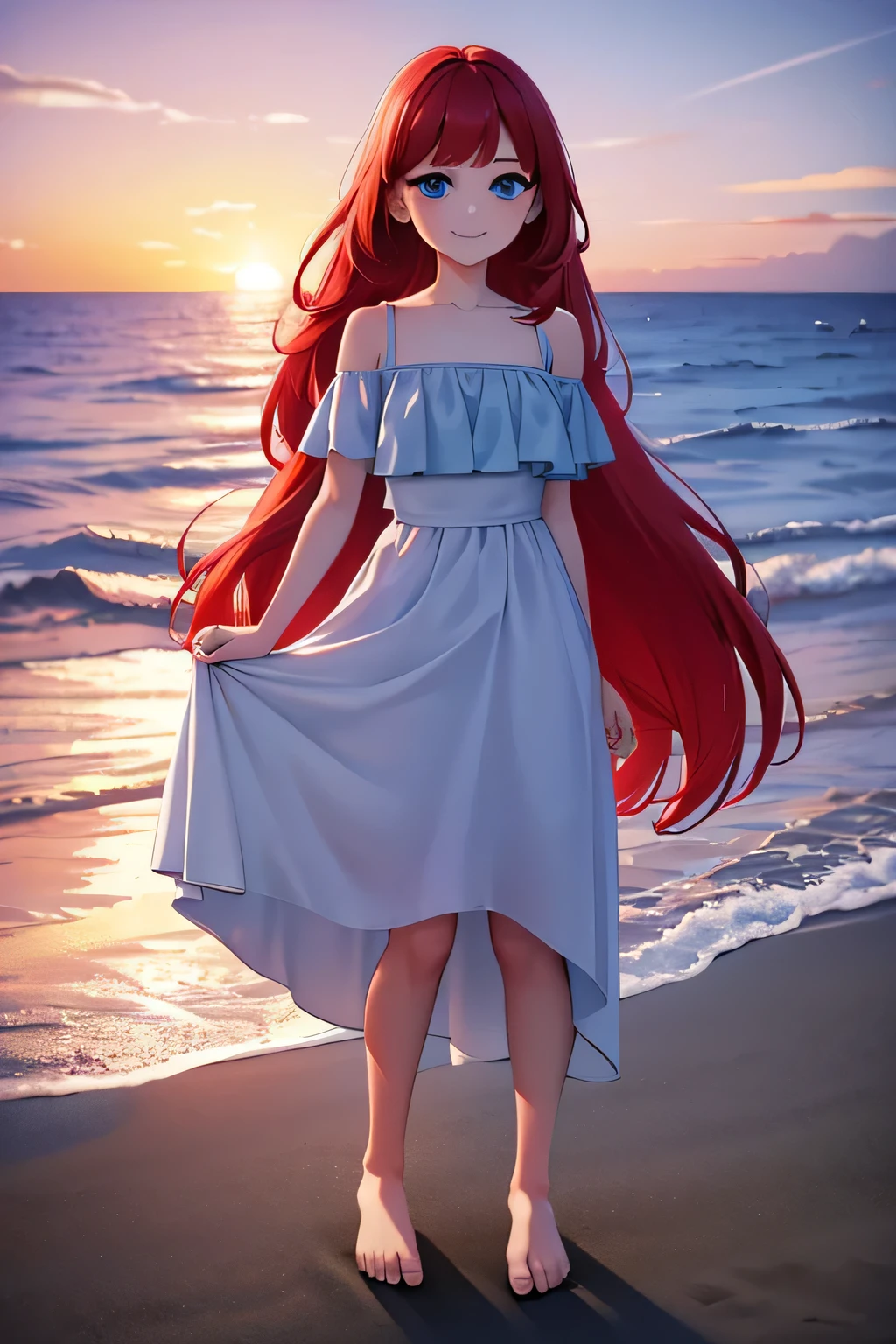 ruby 1 girl, age, Long Red hair, Medium Hair, Blue eyes, bare shoulders, medium breast, aqua ruffle off shoulder top, white maxi skirt, standing up, over the sea, beautiful purple sunset at beach, Sexy, masterpiece, High quality. 2D illustration, 2D flat, sit down, Masterpiece, 8K, HDR, portrait, in the center, smile, bare feet, full body
