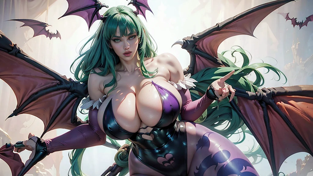 1 girl, morrigan_Aensland, beautiful face, pink eyes, Loving eyes, devil, together, strict face, evil smile,lenceria sexy, big body, tall woman,WET SKIN,Emo girl,legs nylon,(1girl, solo, masterpiece, 4k, best quality:1.2, ((cowboy shot)), best quality:1.2, NICE HANDS, COLORFUL, (perfect hands, perfect anatomy)), morrigan aensland, green eyes, green hair, long hair, blunt bangs, head wings, pink lips, leotard, bare shoulders, orange bridal gauntlets, bat wings, purple pantyhose, bat print, black footwear, ((big breasts, big hips, looking at the viewer, cleavage)), ((simple background, white background)),