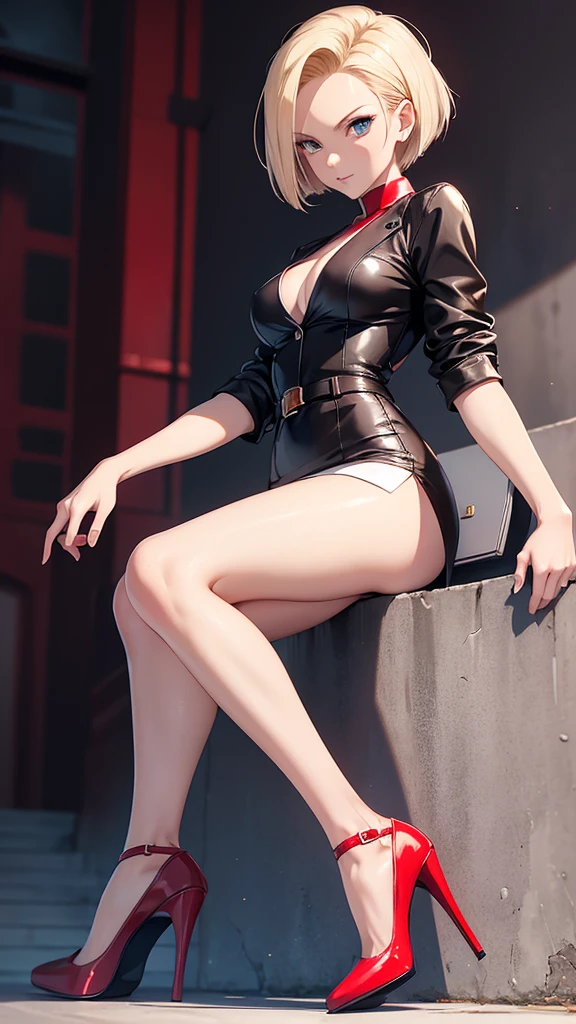 8k, android 18, Dressed as a lawyer, Full body, red high heels, Full body, red high heels, two bare arms, two bare legs, white top, white folded miniskirt, high heels
