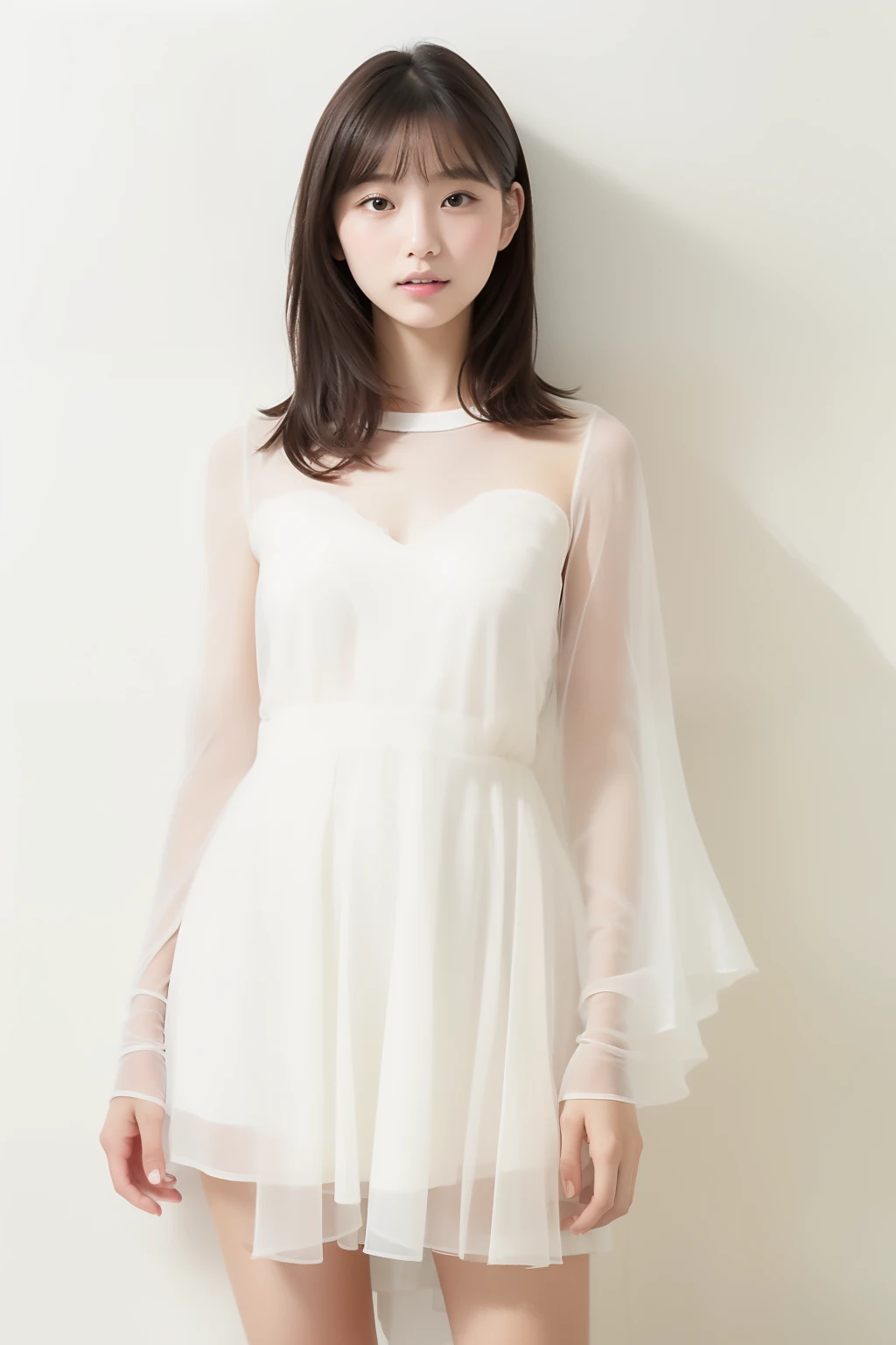 Highest quality、32k、masterpiece、Hmph:1.2)、Female student、Beautiful Japanese Women、(whole body、Transparent clothes)、White wall、Medium Hair、