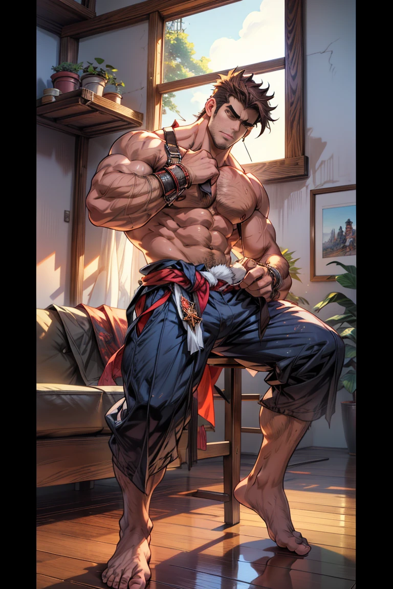 (barefoot)，(barefoot)，(Long legss )，Bigfoot,(whole body),(Long legs )，(He was wearing baggy shorts，Revealing his length, muscular的腿)，Interior background with vintage furniture and retro wooden floor，Surrounded by paleopods),(For the audience) ，(Put his hands on his waist)， (Focus on your audience) ，(There is a huge bulge in the area)，From the perspective of an outsider:Man sitting on the ground in a side-lying position，The upper body is tilted to the right of the picture，Legs extended to the left of the picture，The upper left part of the picture is a panoramic floor-to-ceiling window，(Dark brown hair)，(Clean face，No beard)，Broad shoulders，Muscles protrude a lot，The crotch is bulging，(Long legss)，Highest image quality，Japanese cartoons ，Anime Wallpaper，Chest muscle expansion,(,best quality)，((Exaggerated muscle bulge))，There is a dense forest outside the window，muscular and bulky, muscular characters, Awesome and cool, tall and muscular, muscular!!, Very strong, muscular attractive men, Huge muscles, Big Muscle, Muscle Man, Anime handsome man, muscular!, Giant muscles, muscular bodies, muscular character，Small head for body size，(Long legs)，Touch the ground with your foot and stretch to the left，Lean back，Lazy gesture，Behind is a panoramic floor-to-ceiling window