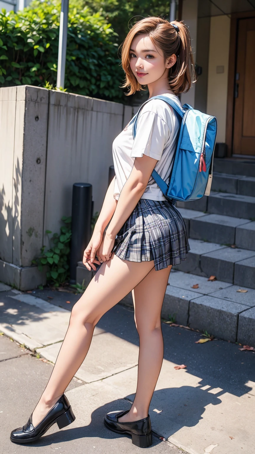 ((masterpiece)),(((Highest quality))),Thin thighs,Long legs,An 18-year-old high school girl standing on the school steps,White shirt,Blue and red plaid mini skirt:1.5,The best smile,White panties:1.5，Short-cut blonde:1.5，short side waves，Carrying a black backpack，Butt Exposure，wear black loafers，Lower body zoom up:1.5，