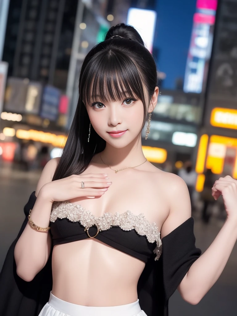 Highest quality、Natural Lip、Fair skin、Great light、Beautiful lighting、((Straight hair))、((ponytail))、((Black Hair))、Blunt bangs、Off the shoulder、Large Breasts、Large Breastsの谷間、White Crop Top、mini skirt、Gorgeous Accessories、Harajuku at night、smile、かわいいsmile、Crowds in the city at night