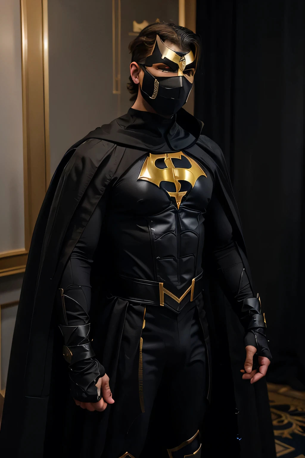 A male superhero character wearing a dominant black costume with gold trim and a black cape standing straight and wearing a mask over his eyes