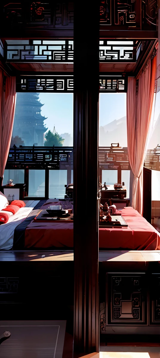 Best quality, masterpiece, ultra high res, raw photo, beautiful and aesthetic,deep shadow, dark theme,(ultra detailed:1.3), divine, royal bedroom, indoors, luxurious palace, canopy bed, full of curtains, pillows, jewelry, candlelight, queen bedrooms, pink room, Chinese style bedroom