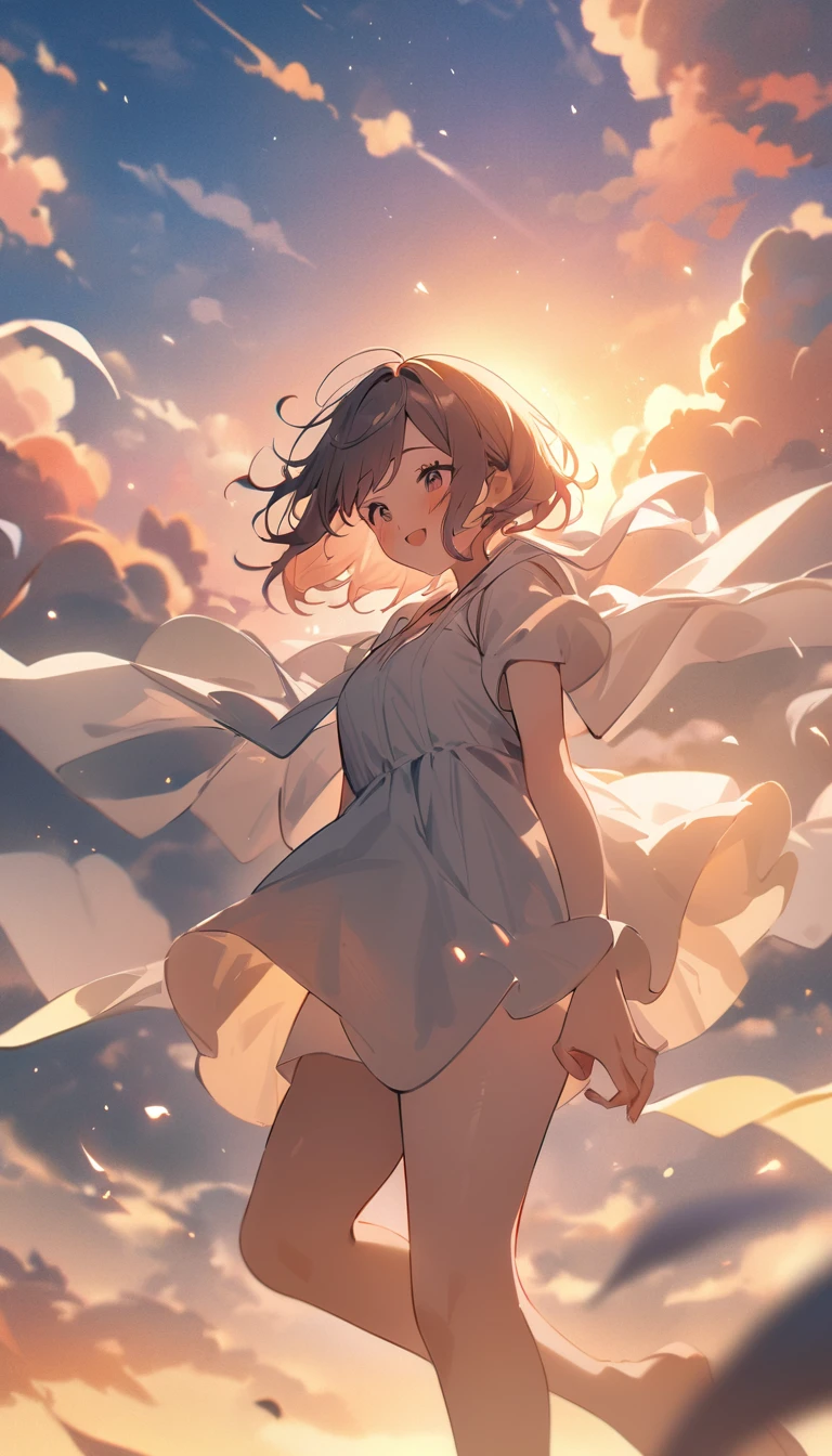 masterpiece, Highest quality, Movie stills, 1 Girl, Cloud Girl, Floating in the sky, close, bright, Happy, Warm and soft lighting, sunset, (spark:0.7)