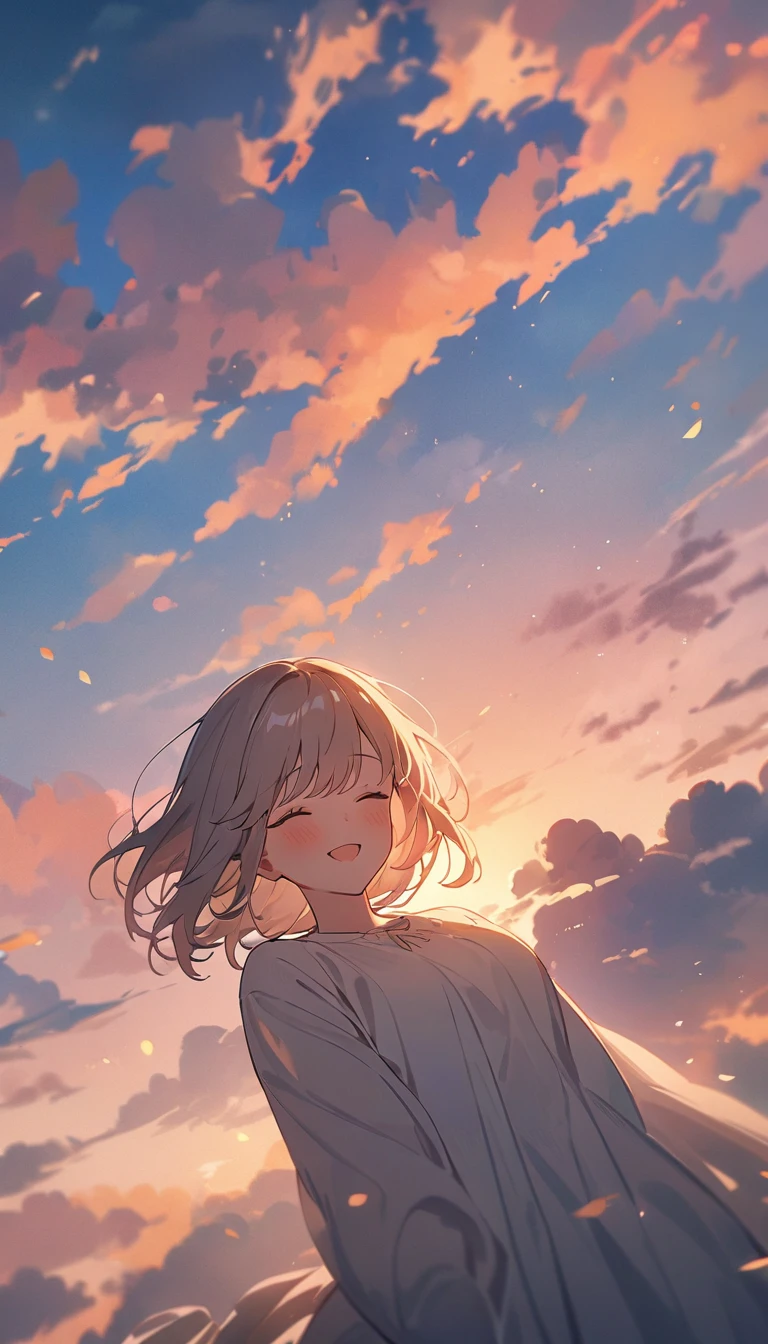 masterpiece, Highest quality, Movie stills, 1 Girl, Cloud Girl, Floating in the sky, close, bright, Happy, Warm and soft lighting, sunset, (spark:0.7)