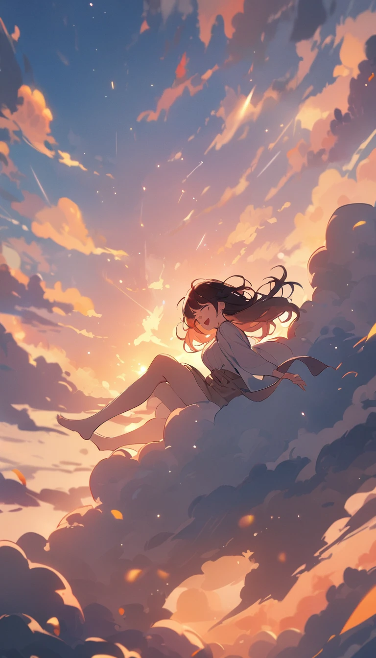 masterpiece, Highest quality, Movie stills, 1 Girl, Cloud Girl, Floating in the sky, close, bright, Happy, Warm and soft lighting, sunset, (spark:0.7)