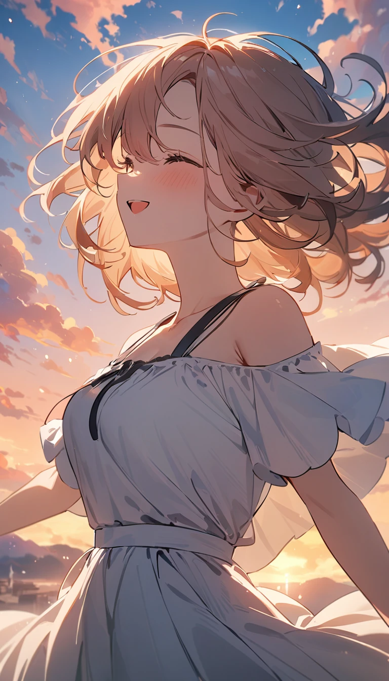 masterpiece, Highest quality, Movie stills, 1 Girl, Cloud Girl, Floating in the sky, close, bright, Happy, Warm and soft lighting, sunset, (spark:0.7)