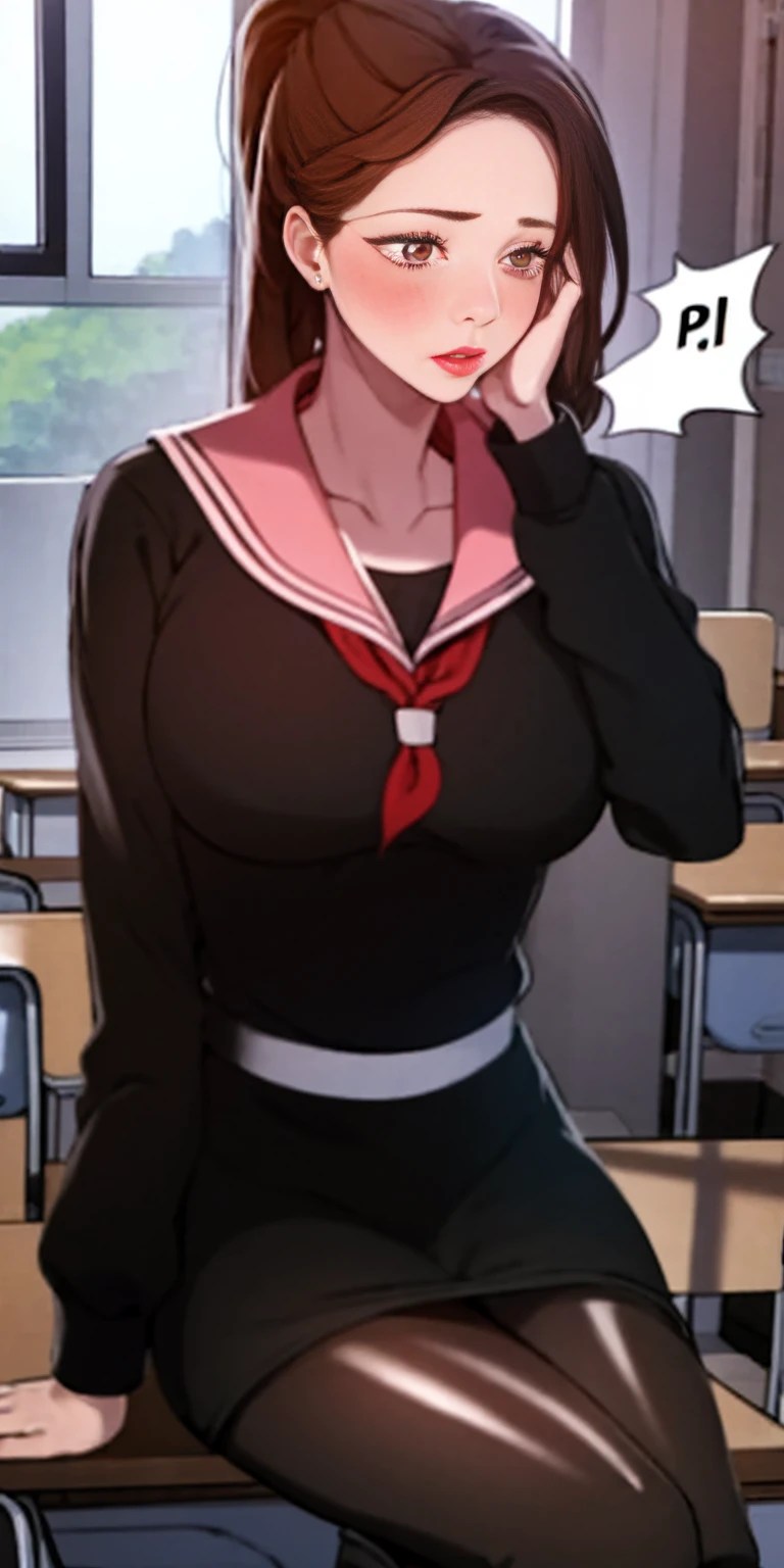 masterpiece:1.5, best quality:1.5, aesthetic, 1girl, sidelocks, cinematic lighting, sharp focus,large breasts , mature female, horny ,16k, glowing eyes, detailed 4k eyes, playground,seduction,sexy lips, parted lips,detailed lips, red lips, high detailed background,((light pink eyes)), detailed face,(shiny skin:1.3), auntjunev2,hair bun, bangs, messy hair,,AuntJune, desk, pantyhose, solo, sitting, school desk, , brown hair, classroom, indoors, black pantyhose, chair, skirt, brown eyes, serafuku, blush, ponytail, window, head rest, black skirt, black serafuku, breasts, school chair, long sleeves, sailor collar, open mouth, jacket, mature female, large breasts, lips, looking away, long hair, school bag