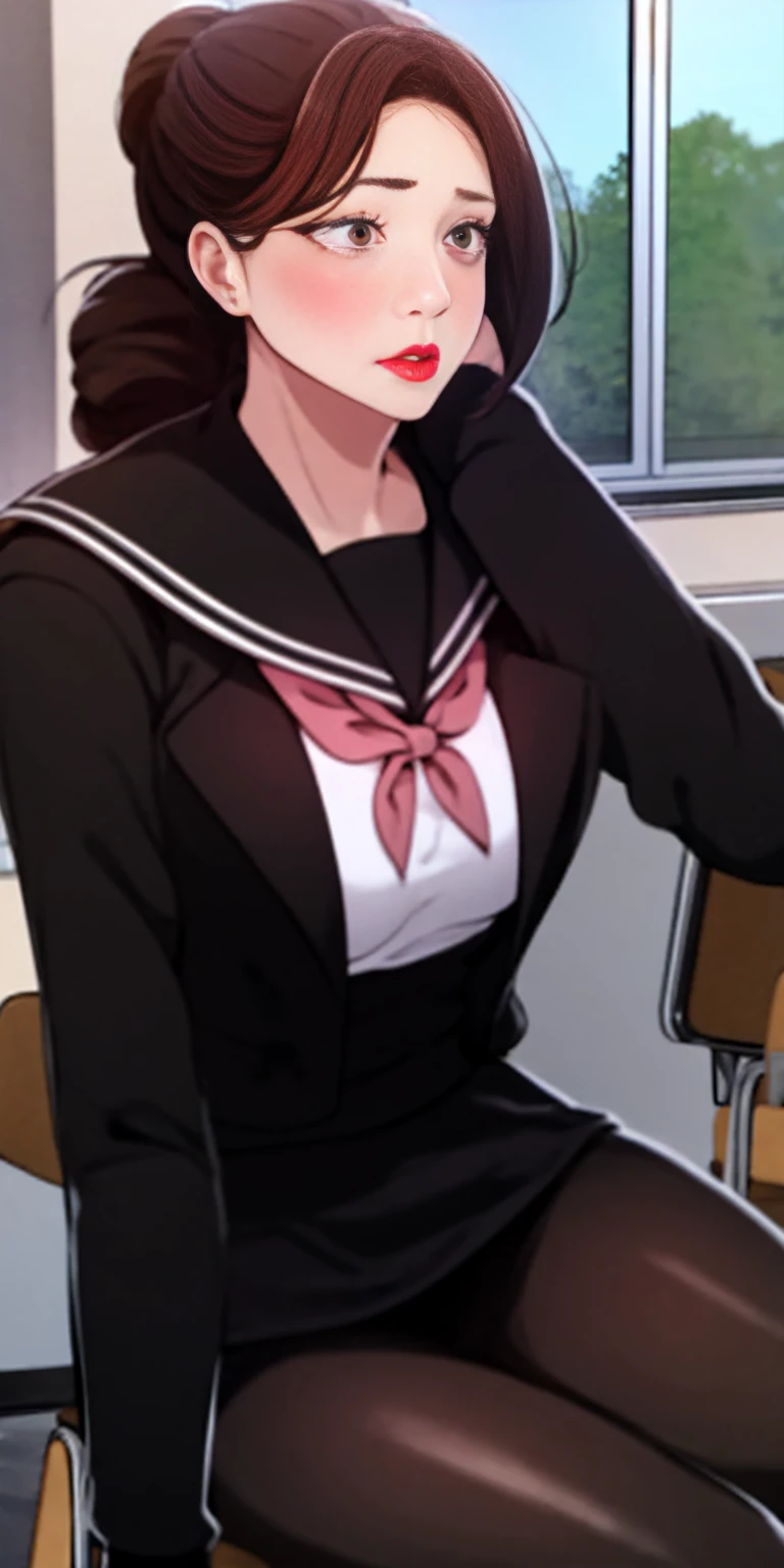 masterpiece:1.5, best quality:1.5, aesthetic, 1girl, sidelocks, cinematic lighting, sharp focus,large breasts , mature female, horny ,16k, glowing eyes, detailed 4k eyes, playground,seduction,sexy lips, parted lips,detailed lips, red lips, high detailed background,((light pink eyes)), detailed face,(shiny skin:1.3), auntjunev2,hair bun, bangs, messy hair,,AuntJune, desk, pantyhose, solo, sitting, school desk, , brown hair, classroom, indoors, black pantyhose, chair, skirt, brown eyes, serafuku, blush, ponytail, window, head rest, black skirt, black serafuku, breasts, school chair, long sleeves, sailor collar, open mouth, jacket, mature female, large breasts, lips, looking away, long hair, school bag