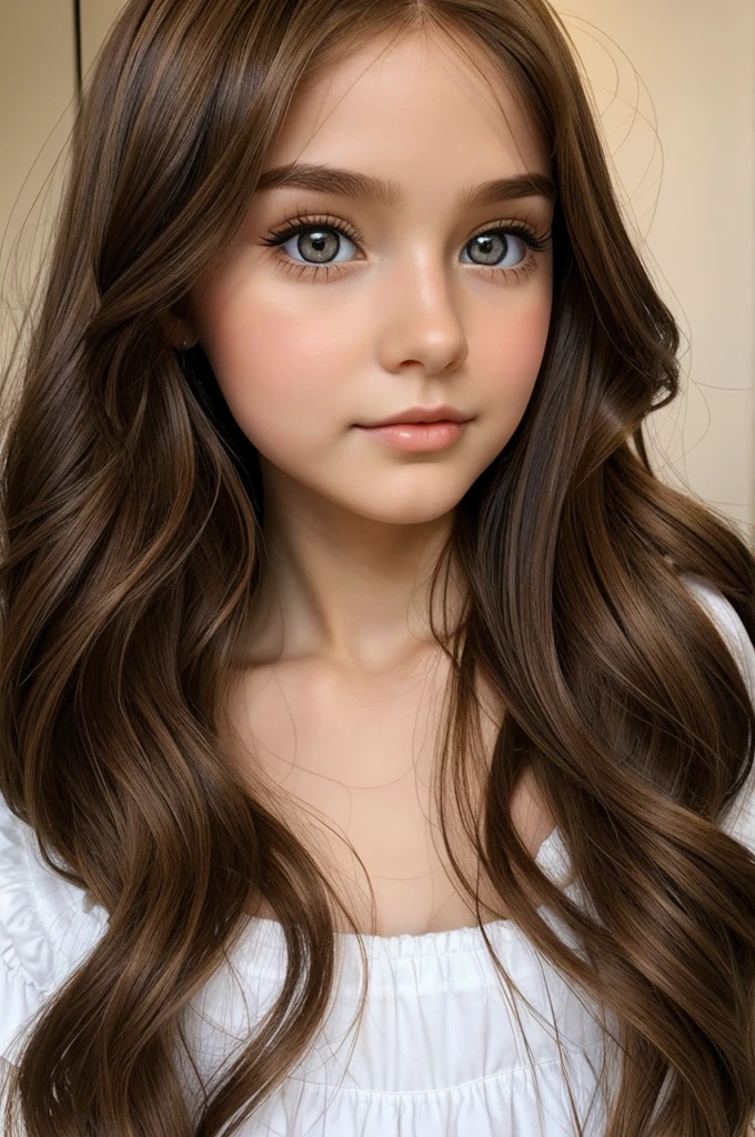 Doll with long brown hair, big hazel eyes, White skin