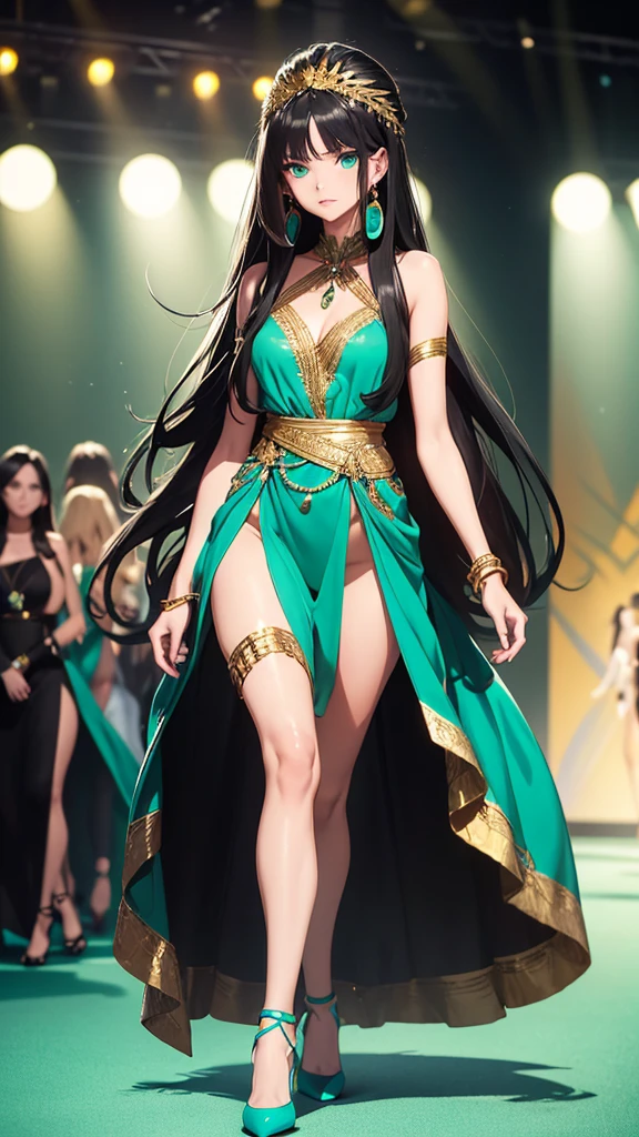 8k, Beautiful Woman, Full Body, Long Hair, Straight Hair, Very Black Hair, Golden Headband, Turquoise Earrings, Green Eyes, Elegant Short Dress, Two Bare Legs, Two Bare Arms, Wide Neckline, Green Heels, Walking On Runway
