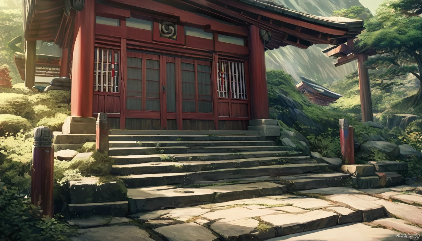 a beautiful, ancient and dilapidated Shinto shrine in the mountains, soft colors, anime style, distant view, (best quality,4k,8k,highres,masterpiece:1.2),ultra-detailed,(realistic,photorealistic,photo-realistic:1.37),serene atmosphere, crumbling architecture, overgrown with vegetation, mystical and tranquil, warm lighting, dramatic shadows, vibrant yet muted colors, intricate details, cinematic composition, sense of exploration and discovery