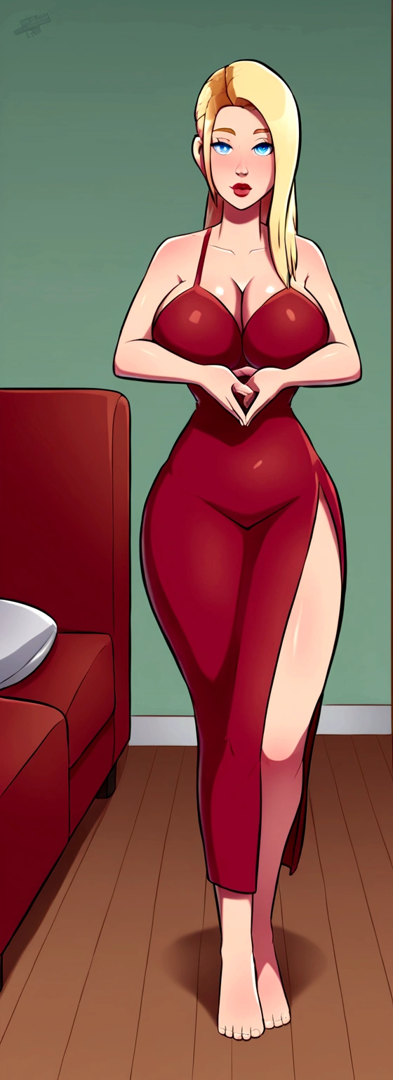 Blonde haired woman, very big breasts, very thick body, full body, Standing in the living room, (Great autonomy), (very attractive image) , 100% beautiful, (perfectly hands) High Quality