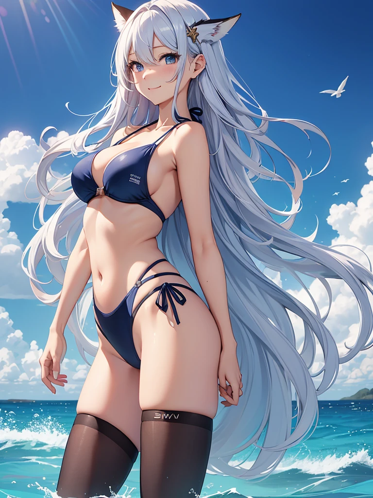 Beautiful Woman Height 170cm、Beautiful hair flutters in the wind、So that your hair will flow beautifully and strongly、strong、side shot,美しいお尻、Bust 120cm、Big Breasts、Emphasize the chest、The best smile
　Beautiful bodystocking  underwear,(( sexy  bikini,swim wear))   Beautifully decorated swimsuit、strong wind、blue sky、、Ocean、swim wear, Beautiful thighs、Beautiful Skin、detailed groin、intense、Armament、Soldier、laser weapon、future world、Science fiction movies、Fight、intense、action、My hair flutters in the wind、My hair spreads in the wind、beautifully！
　Light　、Silver Hair、Fox ears、A friendly smile　、magic Masterpiece Night　Magic sexy, extremely beautiful 22歳　Big Breasts Beautiful Eyeagical gentle lighting    cowboy shot  ,Beautiful decoration、Imprisoned、Detained、Science fiction movies、hard boiled 