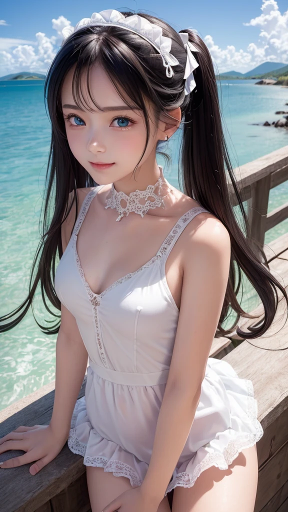 ((masterpiece)), ((highest quality、Ultra high definition)), (Very detailed),8K、Photo quality、((Amazingly cute girl)),( ), Two people, , (Beautiful emerald blue eyes), ((smile)),In the open-air bath overlooking the sea, Beautifully arranged black hair in twin tails、whole body、Cute lolita maid stylimsuit))、Professional Lighting、(White lace knee-highore detailed and beautiful)、(More details and cutenesore realistic)、(((Just wear light clothing)))、