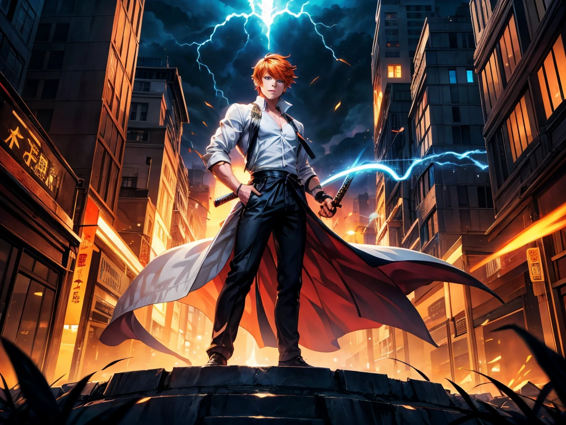 1 man, student, wearing white shirt, top white , bottom black long pants, orange hair, short hair, blue eyes, black tie, holding a katana, short hair, face to detail, detailed eyes, the background is destroyed city, pefect hands, full-body illustration Lightning, Magic, Magic Array, Exaggerated Light, Shine, Magic, Floating, Dusk, over powered, eye catching.