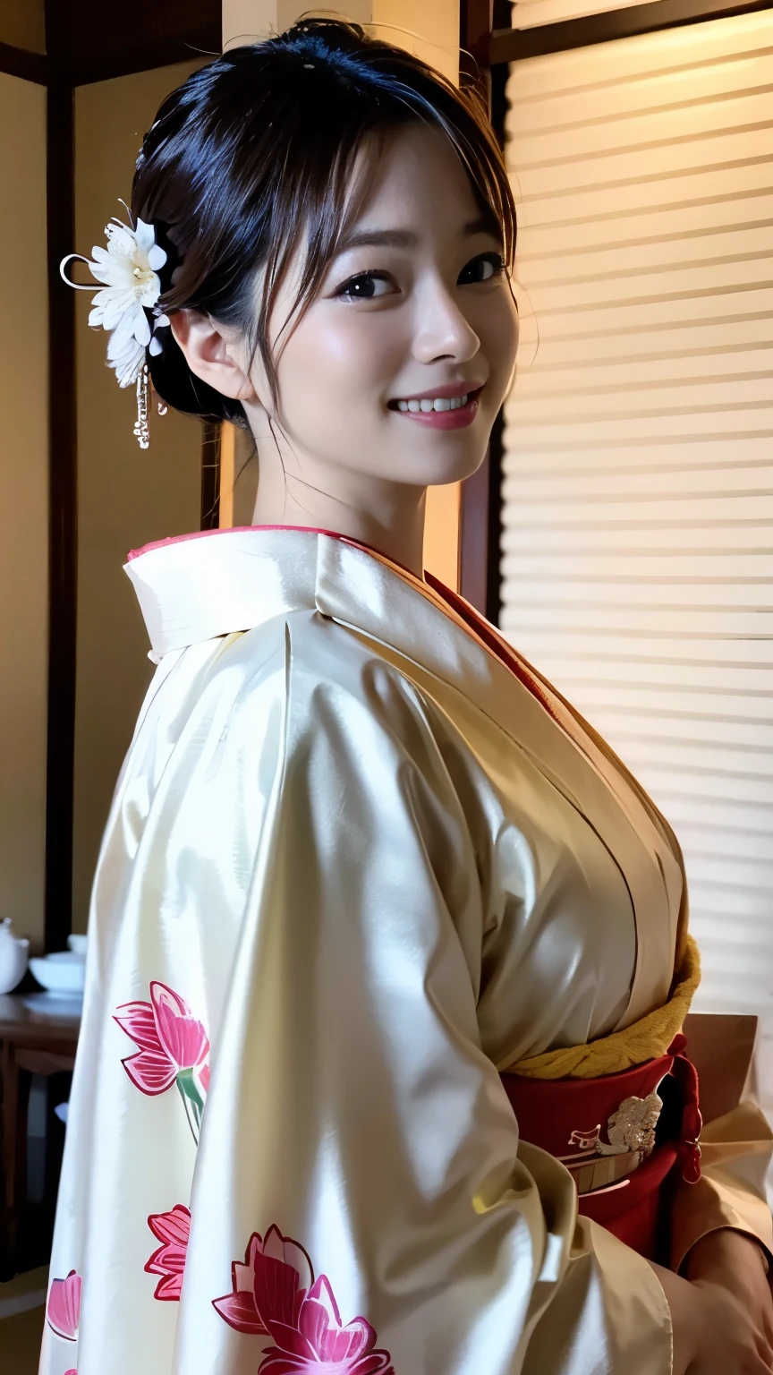 (((Carefully drawn with perfect anatomy))),Photo session in a traditional Japanese room at a long-established luxury inn,The collar of the kimono is pulled back, revealing the white nape of the neck.,A full-body shot of a woman standing with her head tilted from behind, smiling elegantly, with the background in the background taken with a wide-angle lens.,(((美しいBlack Hairを日本髪の伊達兵庫に整えて頭に差した沢山のかんざし:1.3))),One girl,One personで,A dignified smile,Eyes that capture the light of the chestnut color,Black Hair,hair ornaments,An elegant posture with knees together,Furisode kimono,kimono,Red lips,compensate,Tassel,rope,eye shadow,紫色のkimono,Nishijin obi,Many bamboo hairpins,Masterpiece,Ulzan 6500,(Realisticなphoto),masterpiece,High resolution,Highlights the best light and shadow contrast,Main Character,Very high depth of field,soft delicate beautiful attractive 顔, Beautiful Edge Oiran_woman, a woman in a kimono posing for a picture,Perfect Edge Oiran_body,edge Oiran_Hairstyle,(Saiharu Body),(Tabletop,high quality,最high quality),(Delicate eyes and face),Ray Tracing,Highly detailed CG Unity 4k wallpaper,One person,Best image quality,Excellent detail,超A high resolution,Realistic:1.4),Attention to detail,Beauty condensed in 1girl,Beautiful brown hair,繊細でHigh noseを持つ美しい顔,Long limbs like a model,Tight waist,High nose,Clear chestnut eyes,Glossy lips,