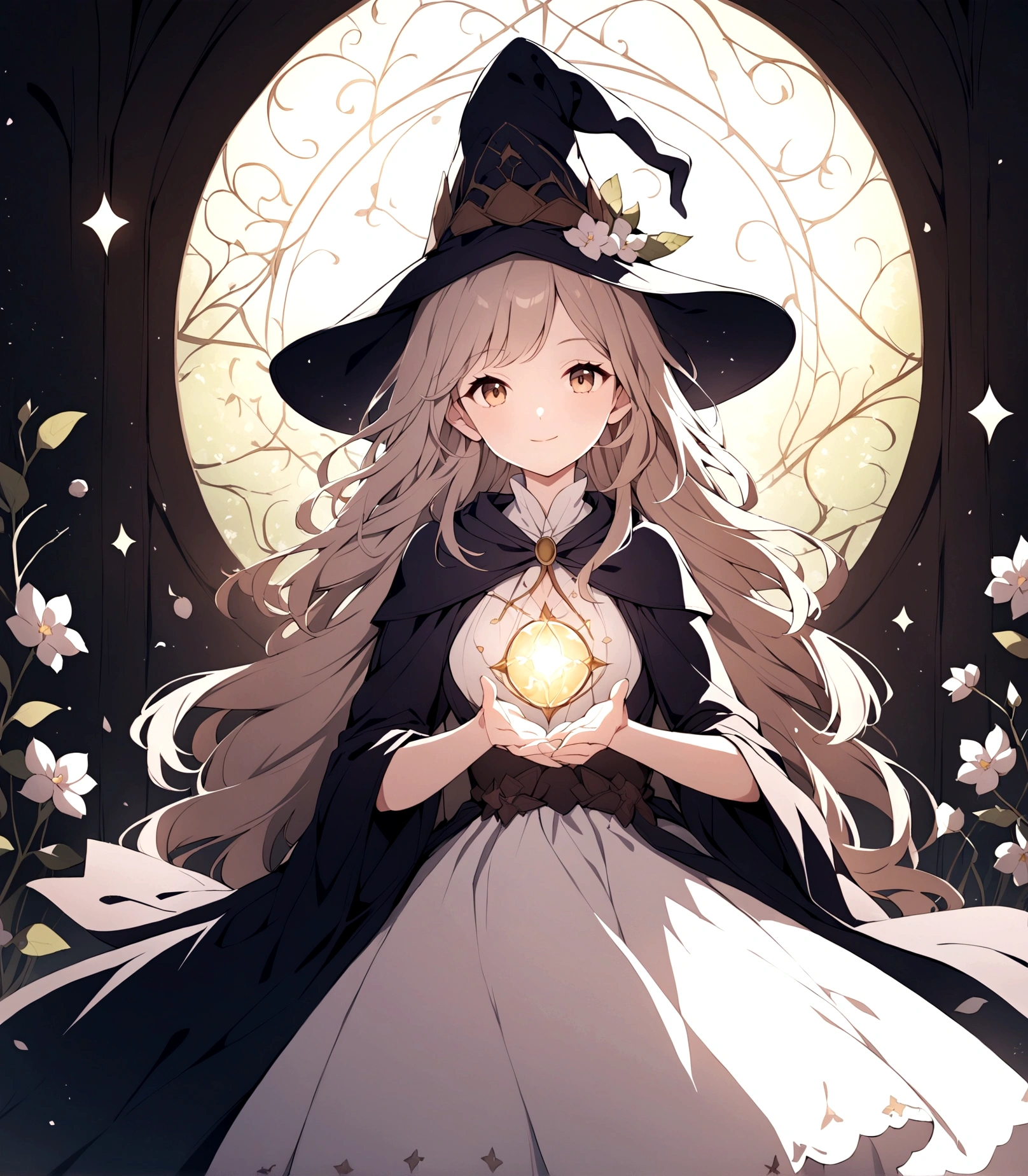 natural lighting, light smile, coquettish hair, spring ephemeral, dress, wizard, alchemist, fantasy, magic, 1girl, solo,