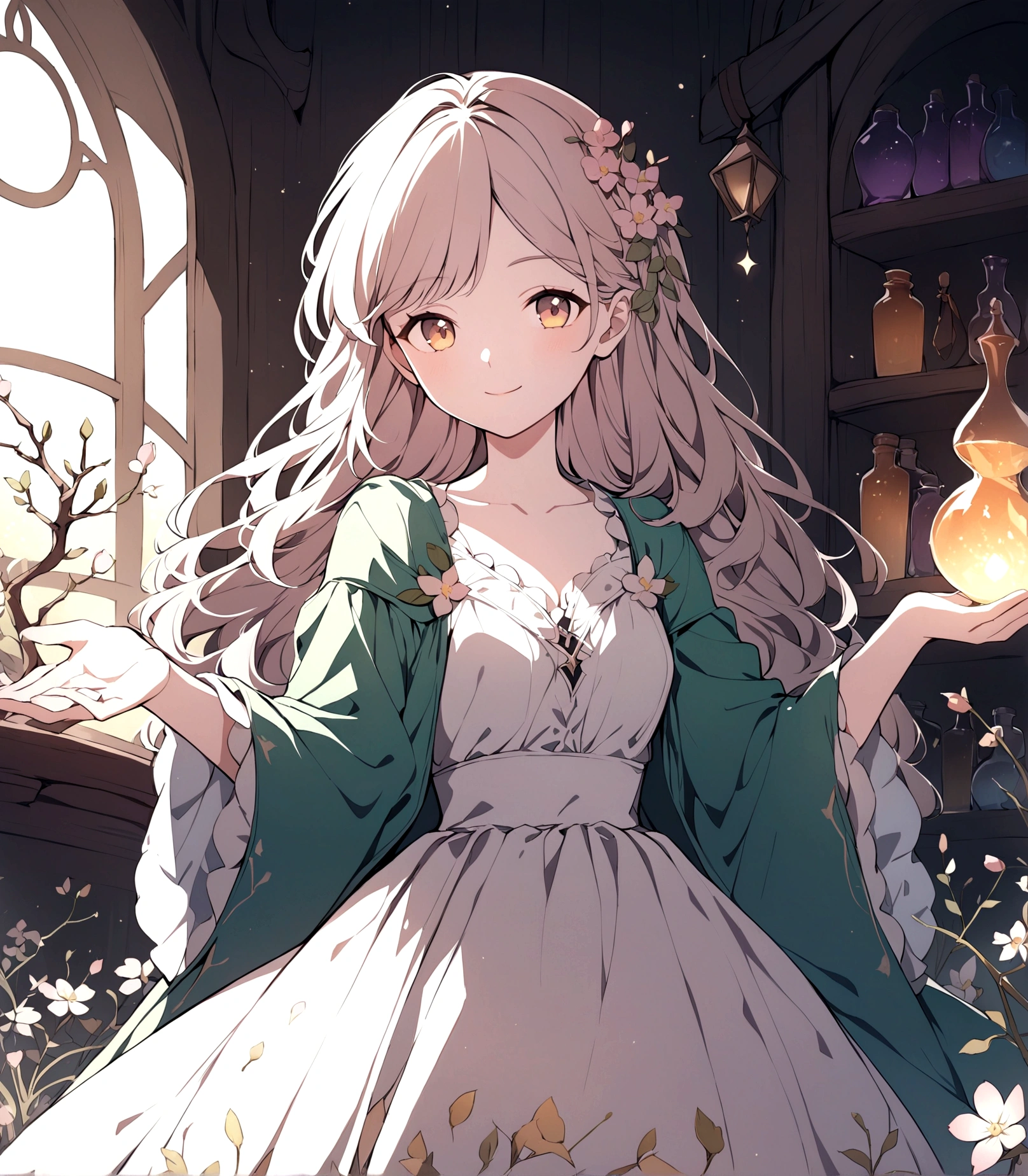 natural lighting, light smile, coquettish hair, spring ephemeral, dress, wizard, alchemist, fantasy, magic, 1girl, solo,