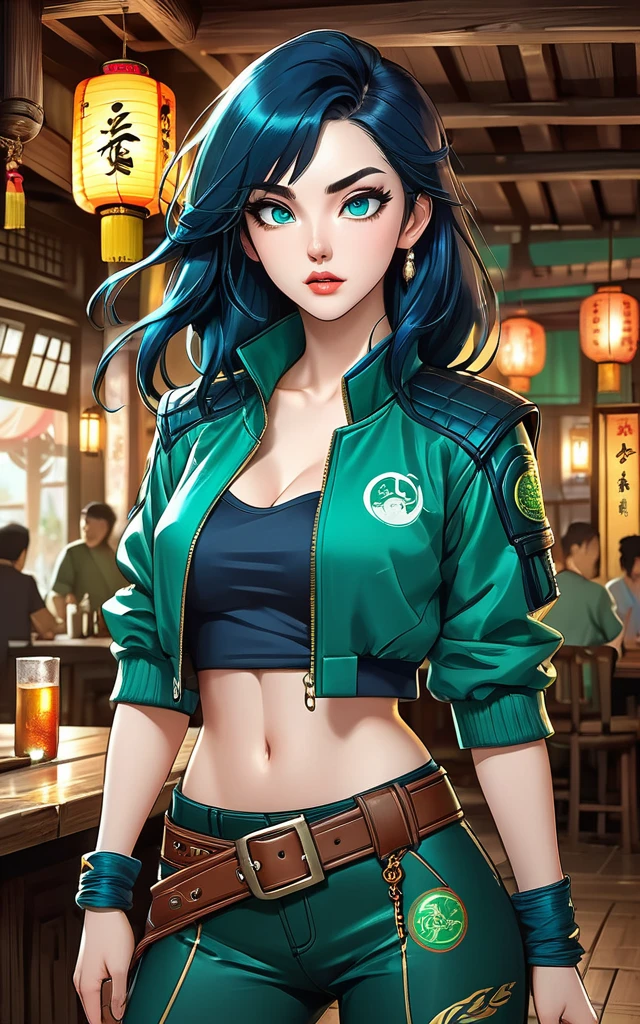 ((A young woman with long flowing dark blue hair, Long side-swept bangs cover the right side of her face, Thick eyebrows arched upwards, Large and expressive eyes, Delicate oval face, Sexy big mouth, Sarcastic expression, Fantasy martial arts style emerald green short jacket with blue sweatshirt, Boss, Roll up your sleeves, Pants in matching fabric, belt, leather combat boots, One hand on hip, Surrounded by a cyan energy aura, Standing in a fantasy Chinese tavern)), This character embodies the fantasy martial arts heroine carefully crafted in the anime style, Exquisite and mature comic art style, Pale skin, HD, best quality, high resolution, Extremely detailed, Super Fine, Extremely refined, professional, Anatomically correct, Symmetrical face, Extremely detailed eyes and face, High quality eyes, creativity, RAW photos, 超HD, 32k, Natural light, light, masterpiece-anatomy-perfect, masterpiece:1.5
