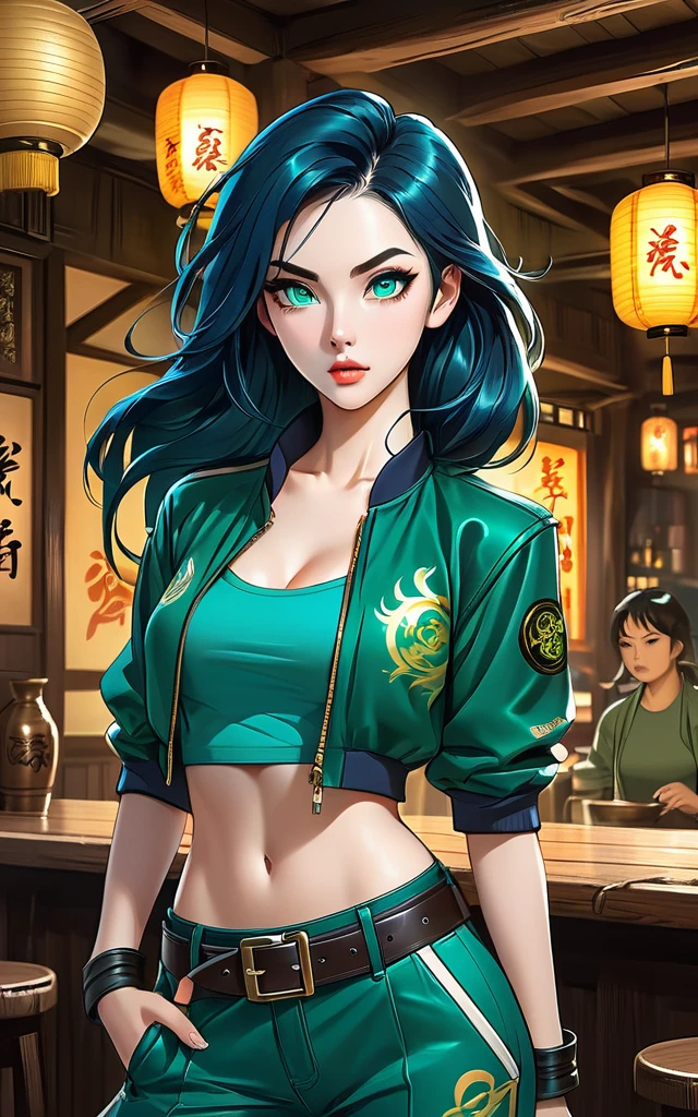 ((A young woman with long flowing dark blue hair, Long side-swept bangs cover the right side of her face, Thick eyebrows arched upwards, Large and expressive eyes, Delicate oval face, Sexy big mouth, Sarcastic expression, Fantasy martial arts style emerald green short jacket with blue sweatshirt, Boss, Roll up your sleeves, Pants in matching fabric, belt, leather combat boots, One hand on hip, Surrounded by a cyan energy aura, Standing in a fantasy Chinese tavern)), This character embodies the fantasy martial arts heroine carefully crafted in the anime style, Exquisite and mature comic art style, Pale skin, HD, best quality, high resolution, Extremely detailed, Super Fine, Extremely refined, professional, Anatomically correct, Symmetrical face, Extremely detailed eyes and face, High quality eyes, creativity, RAW photos, 超HD, 32k, Natural light, light, masterpiece-anatomy-perfect, masterpiece:1.5