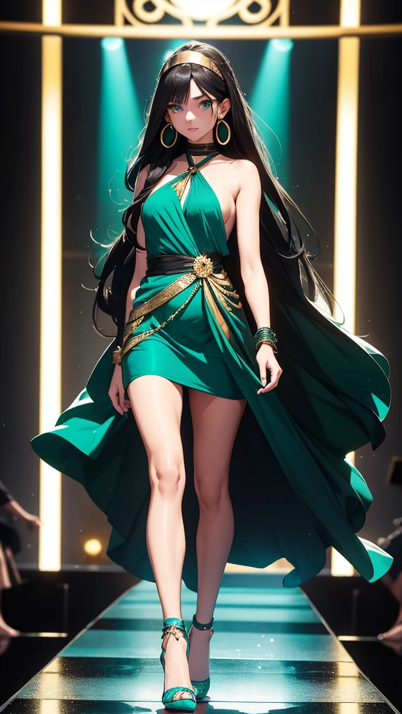 8k, Beautiful Woman, Full Body, Long Hair, Straight Hair, Very Black Hair, Golden Headband, Turquoise Earrings, Green Eyes, Elegant Short Dress, Two Bare Legs, Two Bare Arms, Wide Neckline, Green Heels, Walking On Runway