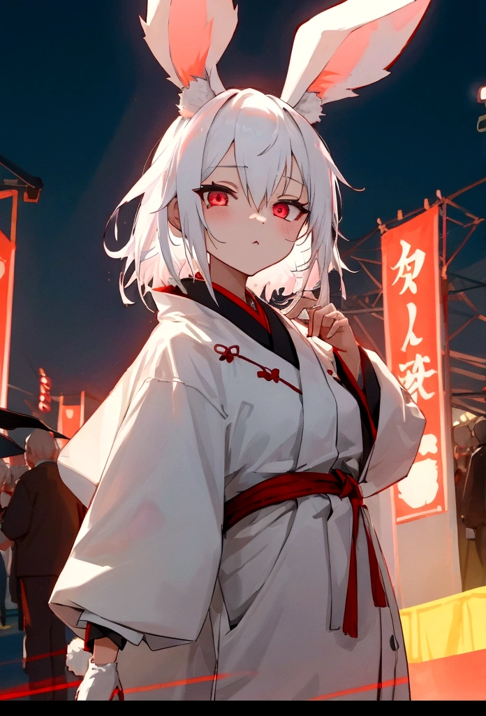 a girl with white hair and crimson eyes with rabbit ears wearing a yukata at a night festival