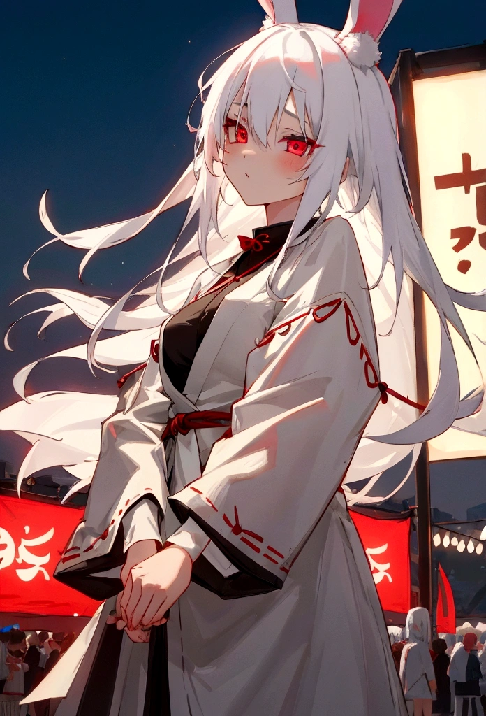 a girl with white hair and crimson eyes with rabbit ears wearing a yukata at a night festival