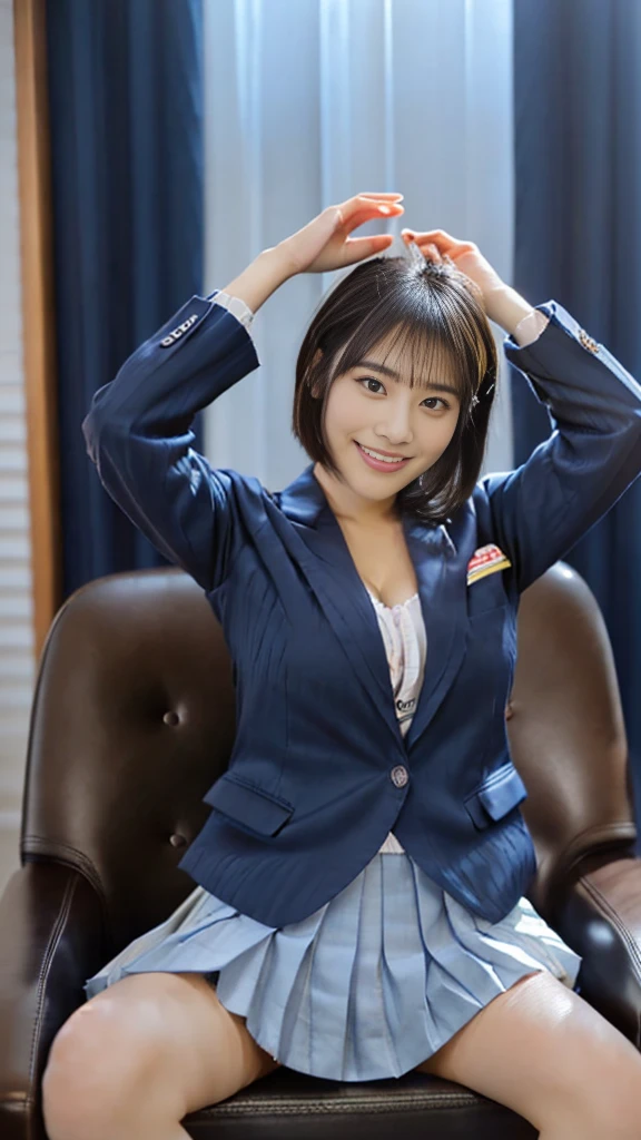 Best-quality, Masterpiece, Ultra-High-Resolution, (Photorealistic:1.4), Raw-Photo, Extremely-Detailed, Perfect-Anatomy,
1girl, 18-years-old, the famous Japanese idol, front view, sitting on luxury chair, innocent smile, ((())), (((hands on head))), (((wearing only navy-blue-pleated-skirt on lower-body, wearing only navy-blue-blazer on upper-body))), ((extremely cute face like a most popular Japanese idol, extremely beautiful large-black-solid-circle-eyes, extremely beautiful blonde short-cut-haired)), extremely beautiful lips, extremely beautiful white skins, extremely beautiful long-eyelashes, extremely beautiful inner-thighs, extremely beautiful legs,Super huge breasts,Cle