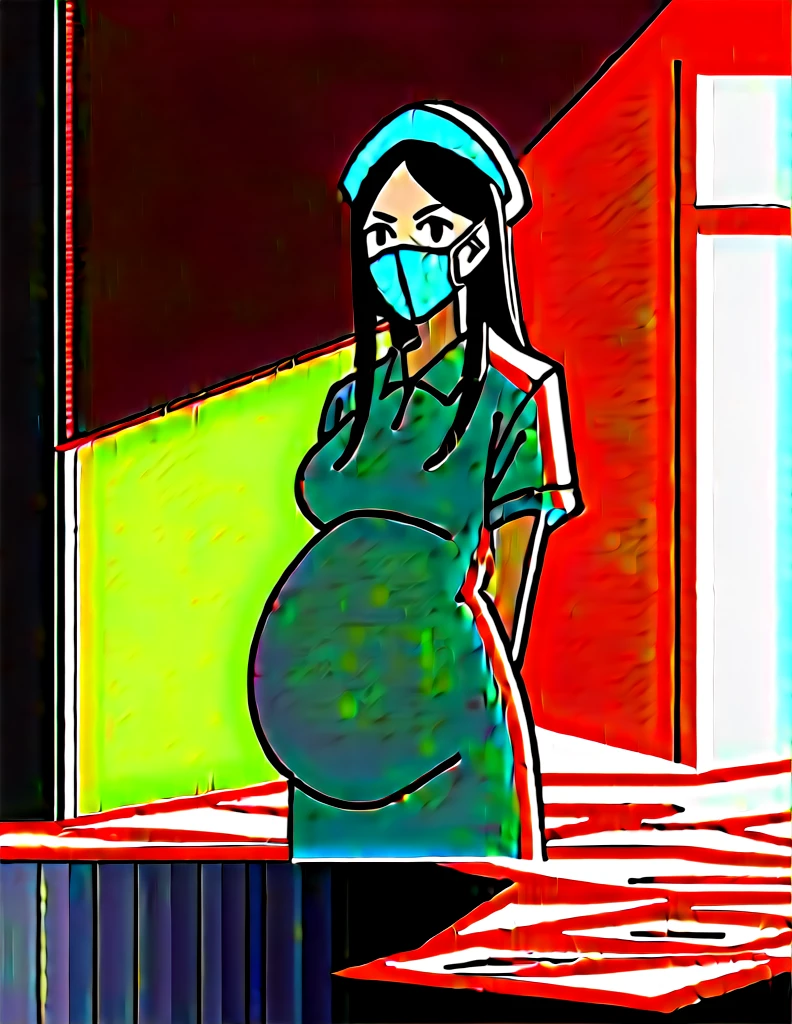Score_9, Score_8_up, Score_7_up, source_anime, Kasuganoray, pale skin, long hair, scrubs, surgical mask, surgical cap, long maternity dress, 
1 girl, pregnant, solo, rubber gloves, looking down, frowning, operating bed, operating room operating room lights, in the operating room, standing,