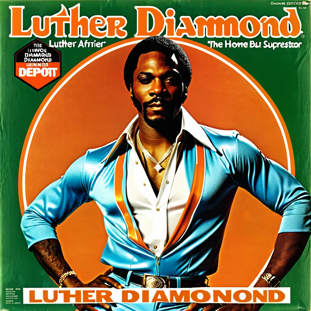 Create a 1970s vinyl album cover for an african-american male r&b superstar named "Luther Diamond". The name of the album is called "Home Depot".