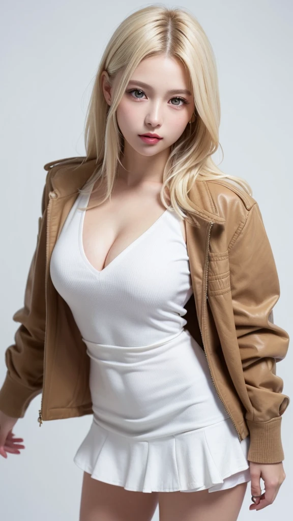 (((forehead、White Blonde Hair、Northern Europe、White people、beautiful girl、Blonde、White background、high school girl、Dress shirt、mini skirt、Jacket)))、table top, highest quality, figure, super detailed, finely, High resolution, 8k wallpaper, Perfect dynamic composition, detailed and beautiful eyes, Deco out,bionde, medium hair, big breasts, Natural color lip,white background, random cute poses,frill dress