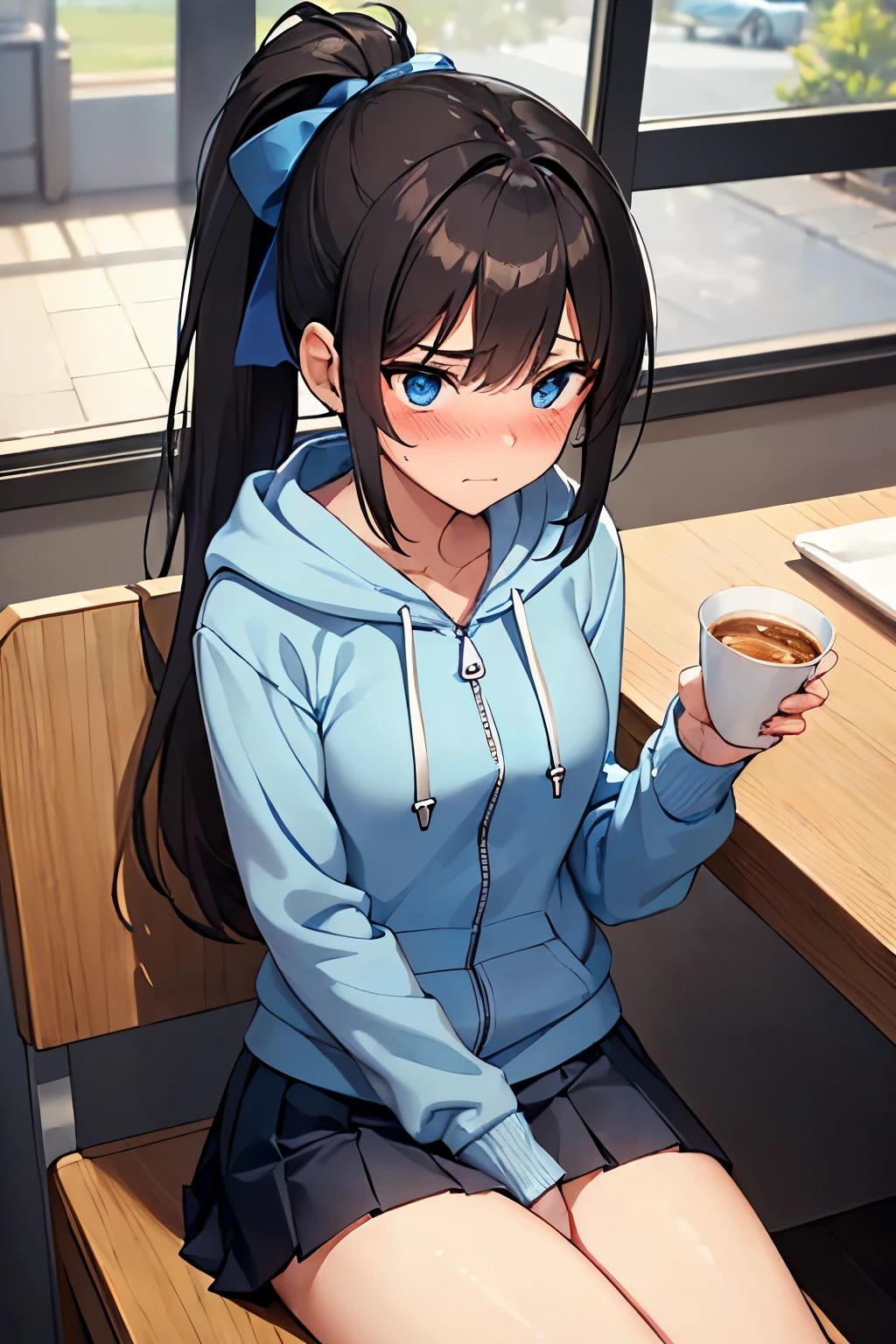 ((best quality)), ((masterpiece)), ((detailed)), (((perfect face))), (((slender 18yo age girl))), ((((light blue zip hoodie)))), (((navy blue pleated skirt))), ((dark brown hair)), ((short ponytail)), (((blue eyes))), ((shy:1.3)), ((blushing:1.5)), (((suburban dining room, window))), ((((close up on upper body))), ((((skinny hips)))), (((thighs))), (((sitting)))