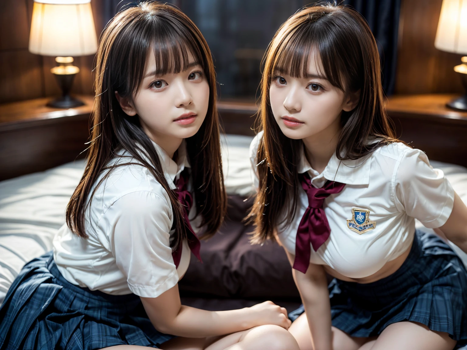 (RAW photo, 4k, masterpiece, high resolution, extremely complex) (realistic: 1.4), cinematic lighting
((2 girls, 2 schoolgirls)),Slam Dunk's,blushing,((innocent)),(Dark makeup),bright eyes,round eyes,blunt bangs,(straight hair:1.3),black hair,large breasts,wide hips,Summer Noon, 20 year old girl、cute type、ta,Hot, (Best Quality), (Highres), (an Extremely Delicate and Beautiful),(Beautiful 8k face),(Brown eyes),short bob hair,( spectators),(gigantic breasts),(Play with each other,Touching each other's bodies,Touching the body),(Japanese high school uniform:1.3),blue skirt,(reality),bright lighting,(The background is a luxury hotel room)