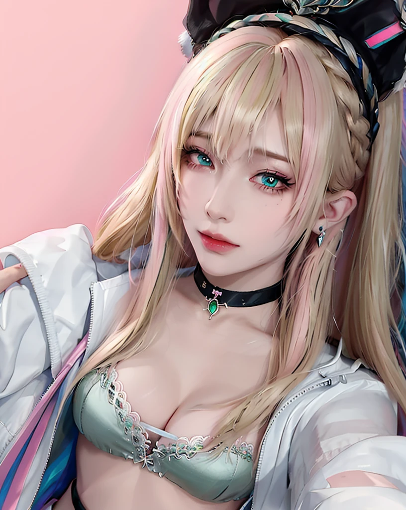 (Masterpiece, Best Quality, 1 girl, Alone, intricate details, chromatic aberration), realist, ((medium breath)),long hair, blond hair, pink highlights, hair over one eye,green eyes, earrings, sharp eyes, choker, neon shirt, open jacket, crop top, mini skirt, (symmetry eyes),(Perfect symmetrical body), in town, back angle, 4k, 8k, realist, dim lighting, alley ,look at the viewer
