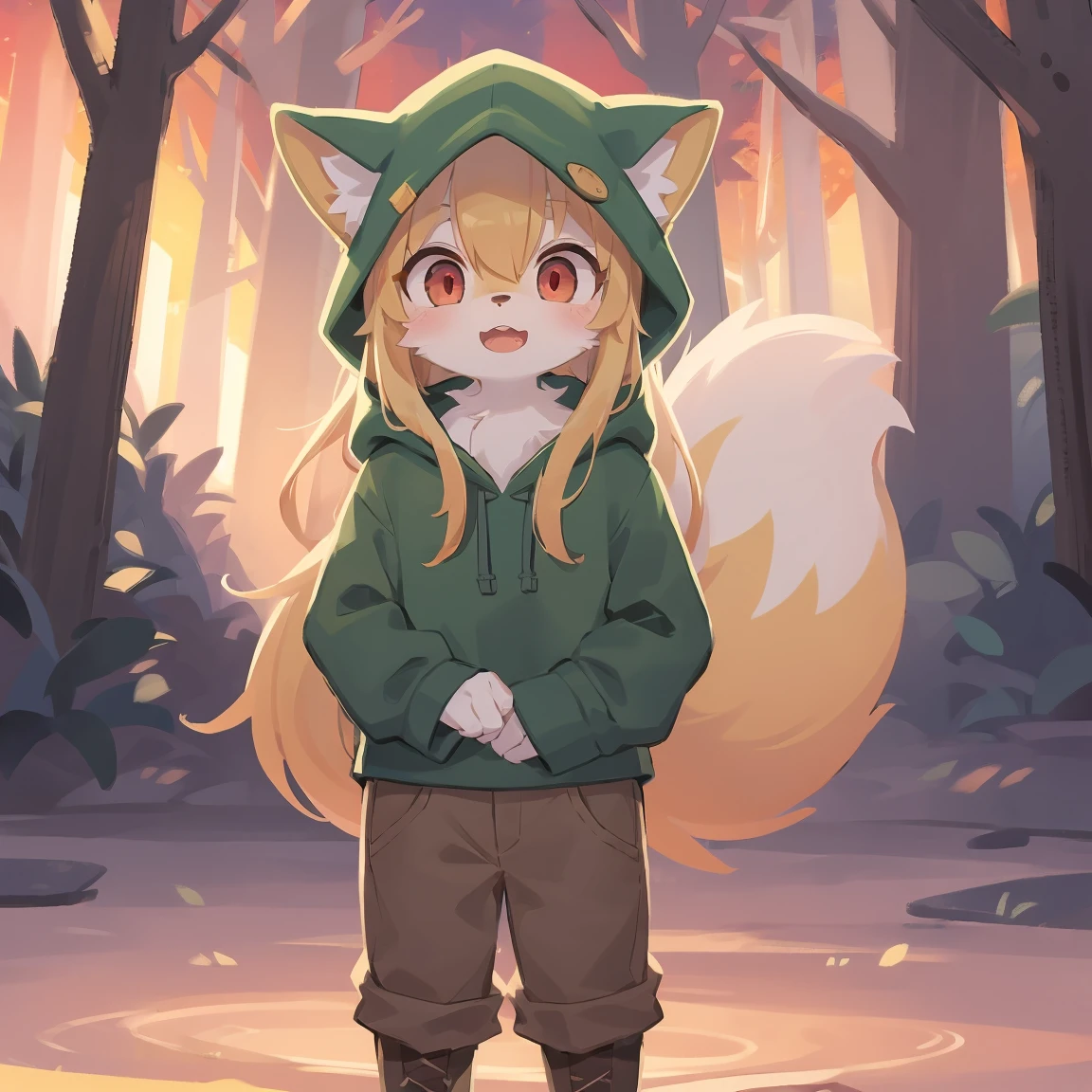 the fox, , was hairy, shaggy, skin fur, smooth lashes, golden fur, forelimb hands, straight long blonde hair, solid circle eyes, golden ears, golden fur, golden facial fur, shiny hair, red eyes, super cute face, 1fox tail, fluffy tail, furry tail, glowing eyes, green coat green hood down, brown trousers, , open mouth, embarrassed, ambient light, ultra-fine fur, dashed eyes, full body, masterpiece, high quality, high-details, best quality, wide short, (((solo))), twilight, sun light, red sky, rim light