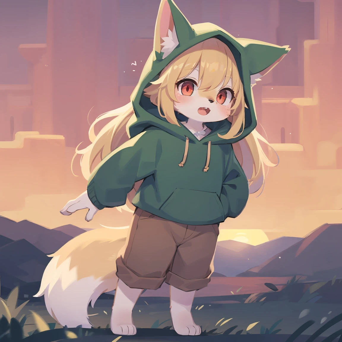  the fox, , was hairy, shaggy, skin fur, smooth lashes, golden fur, forelimb hands, straight long blonde hair, solid circle eyes, golden ears, golden fur, golden facial fur, shiny hair, red eyes, super cute face, 1fox tail, fluffy tail, furry tail, glowing eyes, green coat green hood down, brown trousers, , open mouth, embarrassed, ambient light, ultra-fine fur, dashed eyes, full body, masterpiece, high quality, high-details, best quality, wide short, (((solo))), twilight, sun light, red sky, rim light