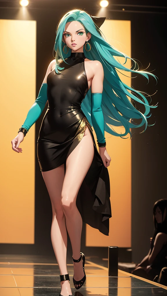 8k, Android 18, Full Body, Long Hair, Straight Hair, Very Black Hair, Golden Headband, Turquoise Earrings, Green Eyes, Elegant Short Dress, Two Bare Legs, Two Bare Arms, Wide Neckline, Green Heels, Walking On Runway