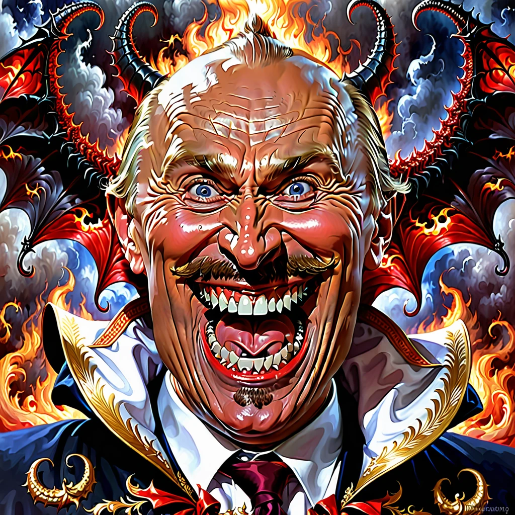 arafed image of a man with a big grin on his face, shocked face of putin demon, inspired by Boris Vladimirski, basil gogos, fantasy art smug smile man, portrait of emperor of mankind, by Edwin Georgi, godrays digital painting, portrait of a mind flayer, wide evil grin, digitally painted, presidential fusion, menacing!