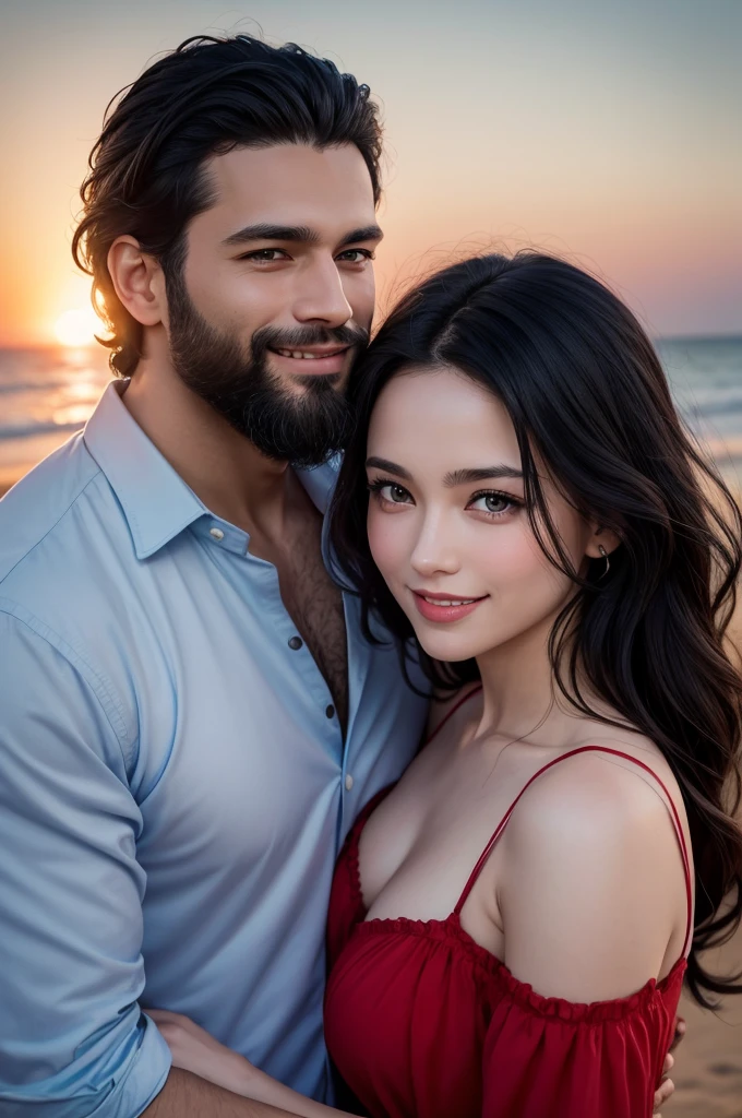 A couple looking face to face in love ,the woman has slightly wavy black hair ,Caucasian skin ,blue colored eyes ,a serene smile ,light-makeup, wearing a red dress, and the man is a dark guy ,who has a beard ,brown okhos fascinating smile ,with a strong physique and wearing a white shirt ,the couple is on a beach ,it was sunset