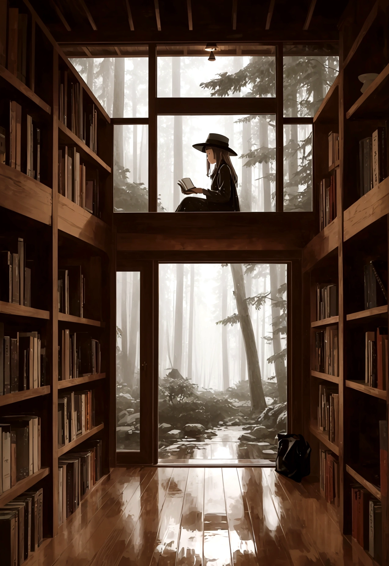 rainy landscape in a forest, with a cabin similar to the Mahotsukai library in the middle of a vast pine forest. In the hallway of the cabin, shows a girl in a hat reading a book.