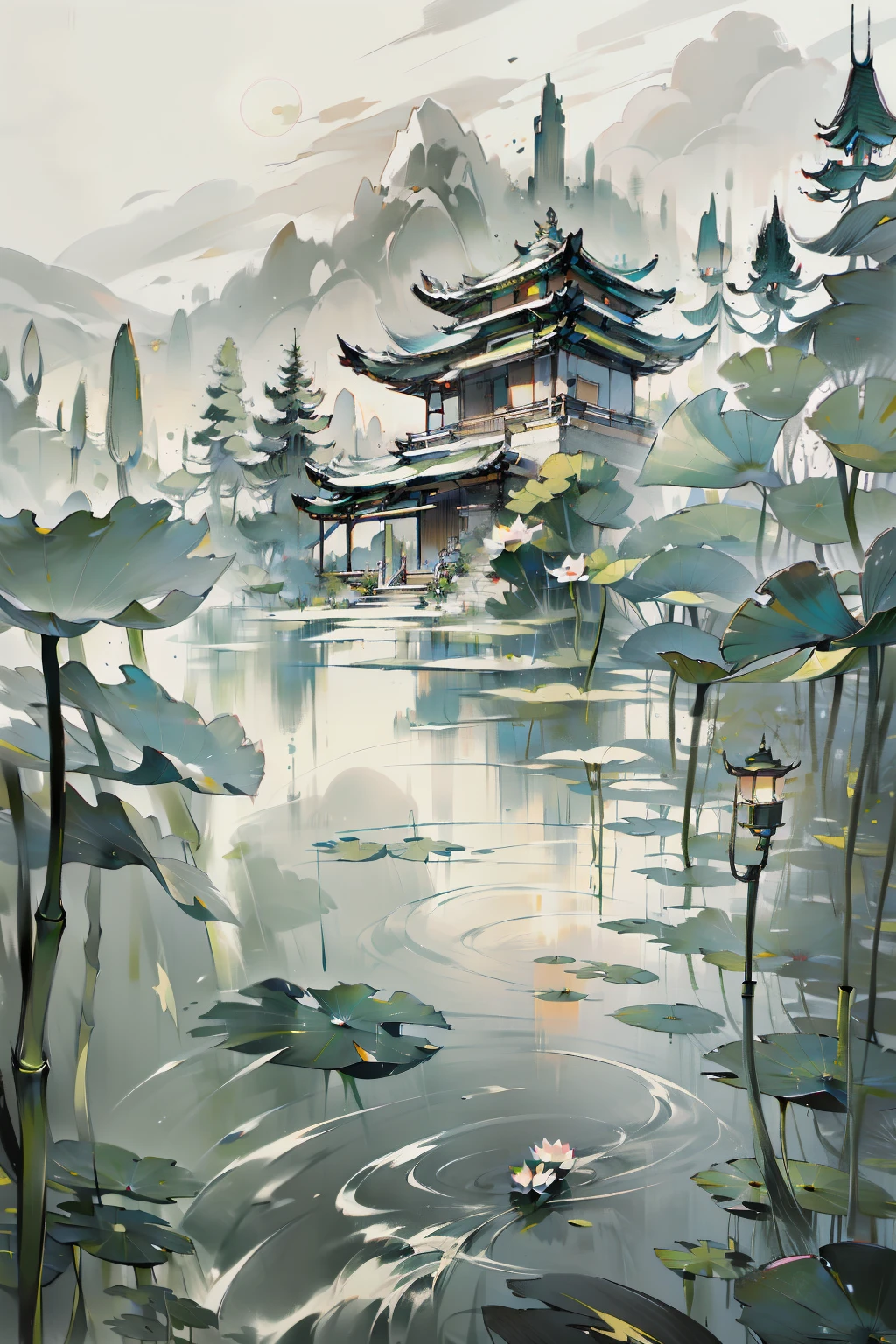 masterpiece,best quality,Chinese martial arts style,Asian night view with lanterns and water lilies,Many lanterns and boats in the Asian pond,Night scene with many lights and boats in the water, Lake, lotus,Beautiful night view,(((Chinese martial arts styles))), The sky is vast, Mountains and steep cliffs, Ink style, outline light, atmosphere, Depth of Field, The fog rises, bamboo, pine, Octagonal Stone Pavilion, Waterfall,Big Full Moon,(have no color) , monochrome, Light,