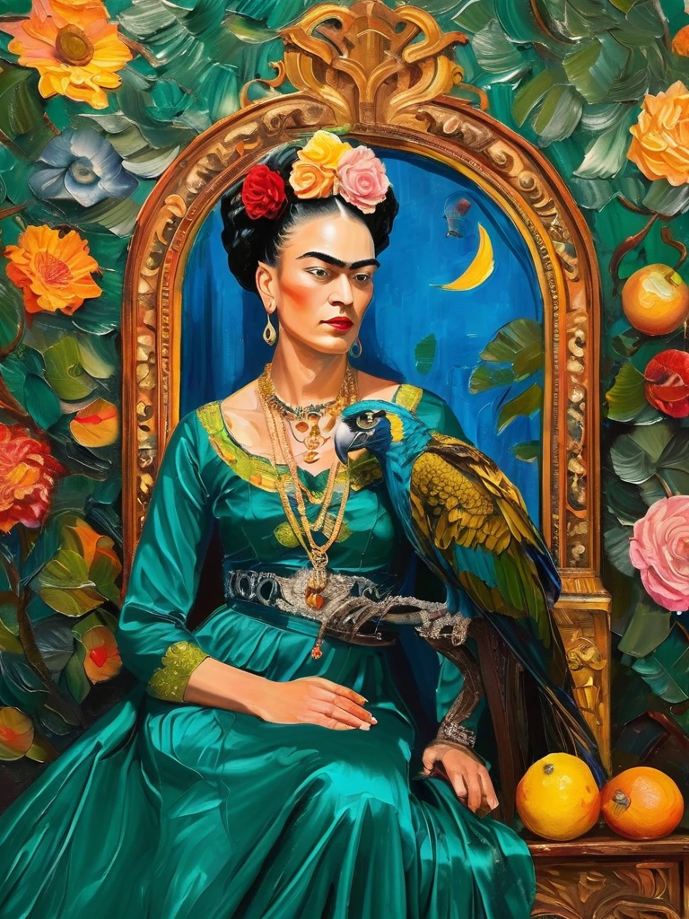 Imagine Frida Kahlo reimagined in the lavish Baroque style. She sits regally on an ornate throne in a luxurious hall adorned with rich tapestries and intricately carved furniture. Dressed in an opulent emerald satin gown with delicate lace and sparkling jewels, her hair is interwoven with vibrant flowers. A majestic eagle perches on her left arm, its piercing gaze mirroring Frida's intense stare. Nearby, a striking blue macaw adds a splash of color, while a peacock elegantly roams the floor at her feet. Surrounding her are symbolic objects: a golden mirror, sugar skulls, and a vibrant still life of tropical fruits. The dramatic background of swirling clouds and celestial light adds depth and movement. The masterful play of light and shadow highlights the richness of details, celebrating Frida's indomitable spirit and legacy in a visually stunning, innovative composition.