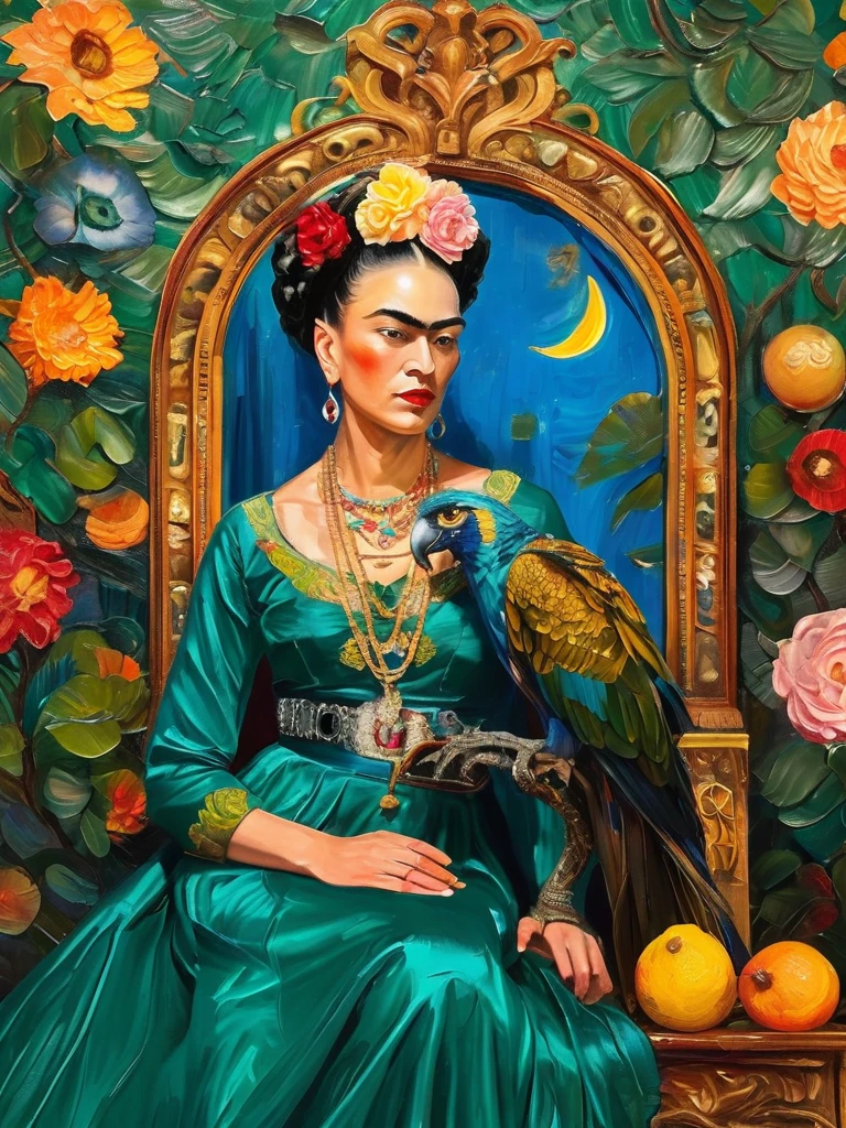 Imagine Frida Kahlo reimagined in the lavish Baroque style. She sits regally on an ornate throne in a luxurious hall adorned with rich tapestries and intricately carved furniture. Dressed in an opulent emerald satin gown with delicate lace and sparkling jewels, her hair is interwoven with vibrant flowers. A majestic eagle perches on her left arm, its piercing gaze mirroring Frida's intense stare. Nearby, a striking blue macaw adds a splash of color, while a peacock elegantly roams the floor at her feet. Surrounding her are symbolic objects: a golden mirror, sugar skulls, and a vibrant still life of tropical fruits. The dramatic background of swirling clouds and celestial light adds depth and movement. The masterful play of light and shadow highlights the richness of details, celebrating Frida's indomitable spirit and legacy in a visually stunning, innovative composition.