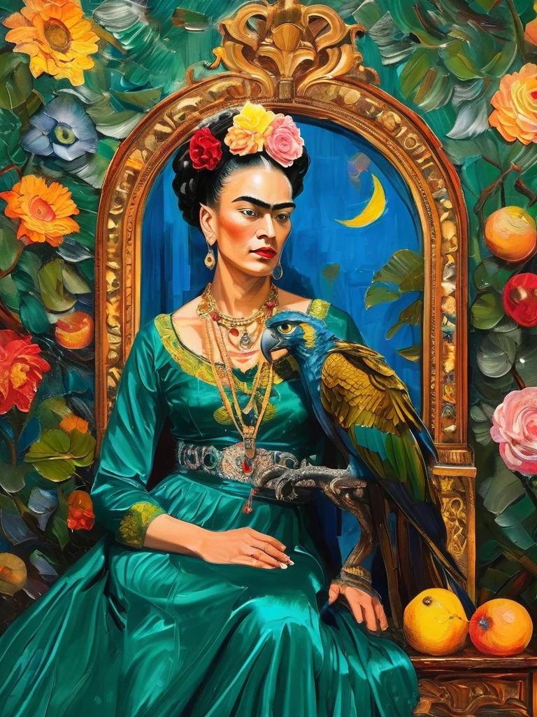 Imagine Frida Kahlo reimagined in the lavish Baroque style. She sits regally on an ornate throne in a luxurious hall adorned with rich tapestries and intricately carved furniture. Dressed in an opulent emerald satin gown with delicate lace and sparkling jewels, her hair is interwoven with vibrant flowers. A majestic eagle perches on her left arm, its piercing gaze mirroring Frida's intense stare. Nearby, a striking blue macaw adds a splash of color, while a peacock elegantly roams the floor at her feet. Surrounding her are symbolic objects: a golden mirror, sugar skulls, and a vibrant still life of tropical fruits. The dramatic background of swirling clouds and celestial light adds depth and movement. The masterful play of light and shadow highlights the richness of details, celebrating Frida's indomitable spirit and legacy in a visually stunning, innovative composition.