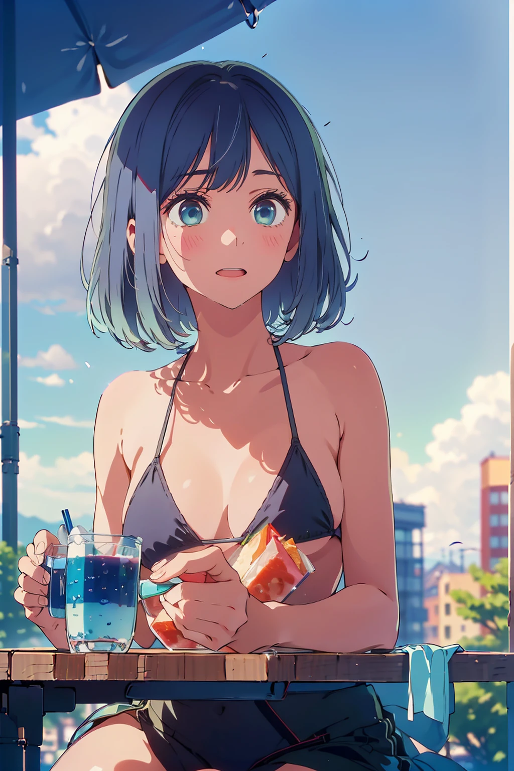 (Highest quality:1.4、masterpiece:1.4、Super detailed:1.4、8K:1.4)、F cup bust、Big Breasts、Slim body、((((1 person、Surprised expression、sit、In the background are the urban buildings of Tokyo、looking at the camera、Outdoor café terrace、coastal、Navy hair color、juice、table、Very cute face))))、(Pose of putting hair behind ears with hands:1.4）、((nude、Areola、bikini size too small))、Very blue sky、A completely cloudless sky、Big eyes、((((Shallow depth of field))))