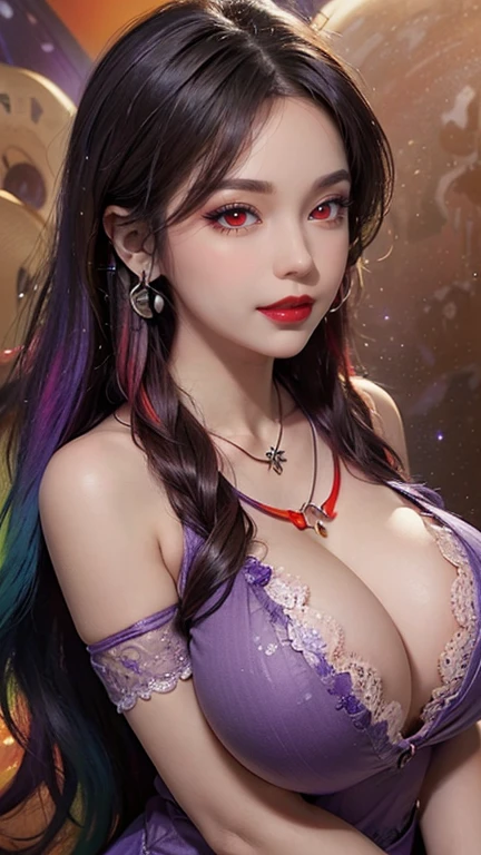 Beautiful and sexy 20 year old girl, In a very thin red dress, ((Long hair dyed rainbow colors:1.6)), bangs, The most exquisite jewelry and beautiful hair, ((She is wearing a purple lace necklace:1.6) )), Super cute little face, Very cute face, Thin eyebrows, Perfect beautiful face, ((Black pupil: 0.8)), Very beautiful eyes, ((Red eyes、pale:1.5)), Beautiful makeup and fine eyelashes, Steamy Eye Makeup, High nose, Earrings, Red lips, ((Mouth closed:1;5 )) Beautiful Lips, Thin hands, The most beautiful thighs, ((Spread your arms out to the sides: 1.5)), Rosy Face, Beautiful face, Perfect beautiful face, Smooth white skin, (Big Breasts: 1.5)), ((High chest: 1.6)), Plump breasts, Beautiful breastsの谷間, ((Big and very round breasts: 1.8))), ((Super tight chest: 1.5)), Beautiful breasts, arms on the back, Beautiful girl upper body, 8K Photo, Very high quality, hyper Realistic, 10x Super Pixels, photoRealistic, Dark studio, Light edges, Two-tone bright, (Skin with attention to detail:1.2), Super 8K, soft Light, high quality, Lighting volumetric, Realistic, photograph, High resolution, Light, ベストphotograph, 4K, 8K quality, Blur effect, Smooth and sharp, 10 x pixels, (Milky Way: 1.7), Aurora, Lightning, Surreal graphics, most Realistic graphics, alone, alone, Very sharp, Surreal images, (((Frontal portrait:1.3)))."