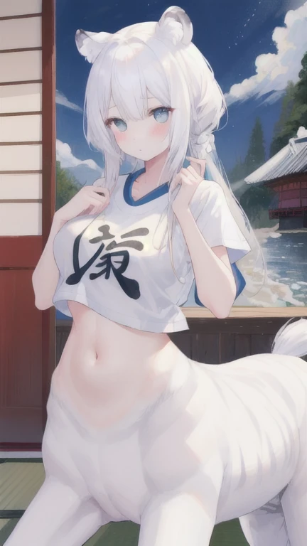 (best quality, masterpiece), 1 girl, centaur, It takes, White skin, Japanese  , exposing the abdomen,belly button t-shirt, 아름다운 소녀 perfect white tiger photo, perfect white tiger photo